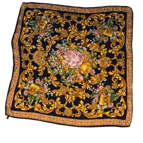 Vintage Italian Baroque Silk Scarf 35” x 35” Navy Gold Floral